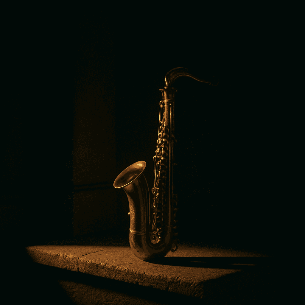 An alto saxophone resting as a static object in warm cinematic light